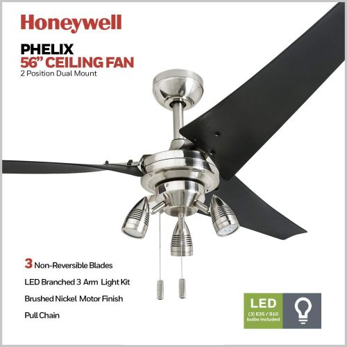  Honeywell Ceiling Fans Honeywell 50611 Phelix High Power Ceiling Fan, LED 56 Industrial, 3 Black ABS Blades, Brushed Nickel