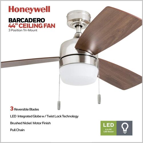  Honeywell Ceiling Fans Honeywell 50616-01 Barcadero Ceiling Fan 44 Compact Contemporary, Integrated LED Light, Chocolate Maple Blades, Brushed Nickel