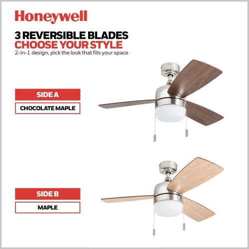  Honeywell Ceiling Fans Honeywell 50616-01 Barcadero Ceiling Fan 44 Compact Contemporary, Integrated LED Light, Chocolate Maple Blades, Brushed Nickel