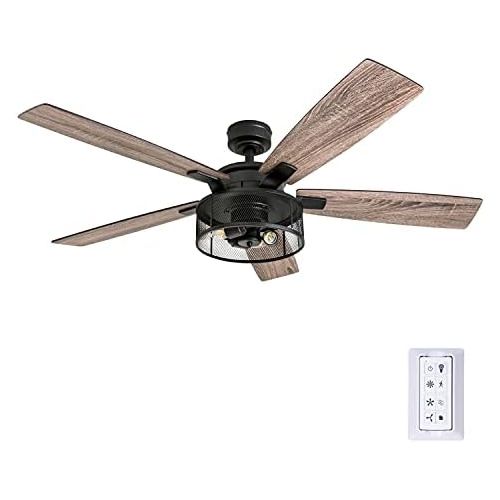  Honeywell Ceiling Fans 50614-01 Carnegie LED Ceiling Fan 52, Indoor, Rustic Barnwood Blades, Industrial Cage Light, Matte Black