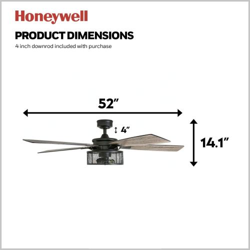  Honeywell Ceiling Fans 50614-01 Carnegie LED Ceiling Fan 52, Indoor, Rustic Barnwood Blades, Industrial Cage Light, Matte Black