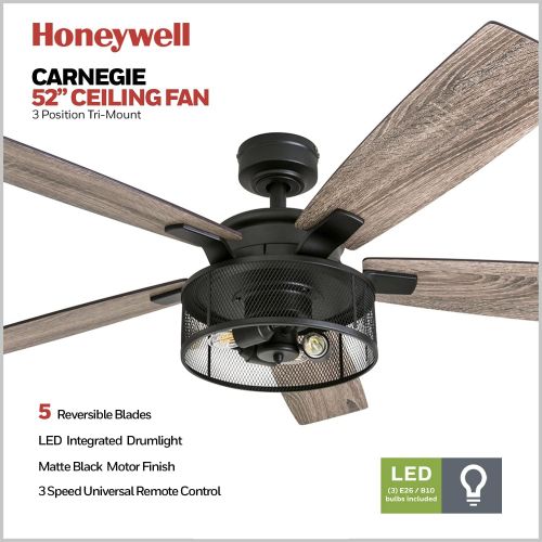  Honeywell Ceiling Fans 50614-01 Carnegie LED Ceiling Fan 52, Indoor, Rustic Barnwood Blades, Industrial Cage Light, Matte Black