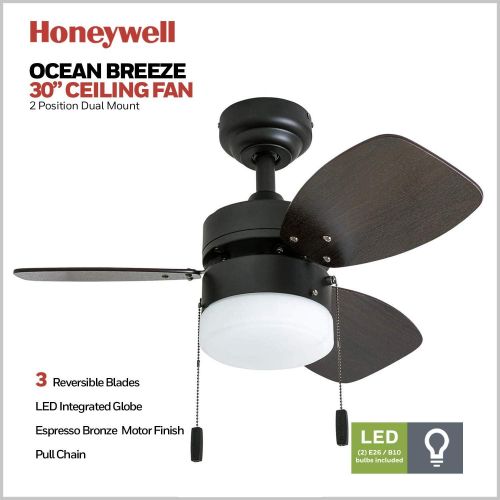  Honeywell Ceiling Fans Ocean Breeze Contemporary, LED Frosted Light, 30”, Dark Oak/Dark Chestnut Finish Blades, Gilded Espresso