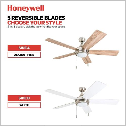  Honeywell Ceiling Fans Honeywell 50606-01 Ventnor Farmhouse Ceiling Fan, 52” Rustic Barnwood Decor, Indoor, Brushed Nickel