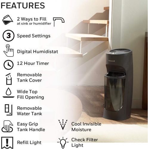  Honeywell Top Fill Digital Humidistat Tower Humidifier, Black