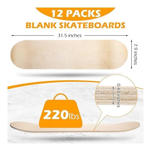  12 Pack Blank Skateboard Decks Maple Skateboard Deck 8 x 32 Inch 7 Ply Wooden Skate Decks Natural Wood Double Tail Plain Skateboard Concave Light Deck Bulk for Art Painting Replacement Home Decoration