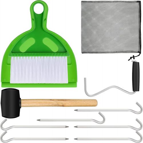  Honoson 10 Pieces Camping Tents Accessories with Rubber Hammer, Tent Peg Extractor, Tent Nails, Mini Broom and Dustpan, Nylon Mesh Bag with Drawstring