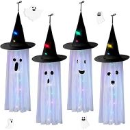 Honoson 4 Pieces 40 Inch Halloween Ghost Hanging Decor Cute Flying Ghost Party Decor White Ghost Witch Hat Hanging Decoration with Colorful LED Lights for Halloween Party Outdoor Yard Indo