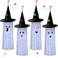 할로윈 용품Honoson 4 Pieces 40 Inch Halloween Ghost Hanging Decor Cute Flying Ghost Party Decor White Ghost Witch Hat Hanging Decoration with Colorful LED Lights for Halloween Party Outdoor Yard Indo