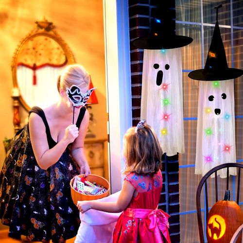  할로윈 용품Honoson 4 Pieces 40 Inch Halloween Ghost Hanging Decor Cute Flying Ghost Party Decor White Ghost Witch Hat Hanging Decoration with Colorful LED Lights for Halloween Party Outdoor Yard Indo