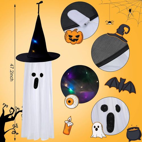  할로윈 용품Honoson 4 Pieces 40 Inch Halloween Ghost Hanging Decor Cute Flying Ghost Party Decor White Ghost Witch Hat Hanging Decoration with Colorful LED Lights for Halloween Party Outdoor Yard Indo