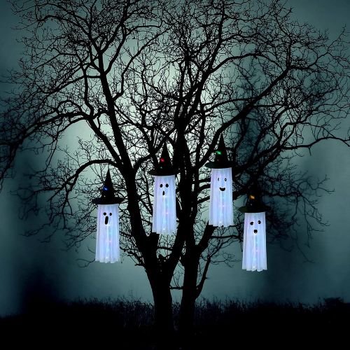  할로윈 용품Honoson 4 Pieces 40 Inch Halloween Ghost Hanging Decor Cute Flying Ghost Party Decor White Ghost Witch Hat Hanging Decoration with Colorful LED Lights for Halloween Party Outdoor Yard Indo