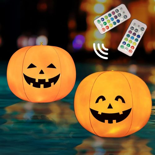  할로윈 용품Honoson 2 Pieces Halloween Pumpkin Decoration Lights Halloween Floating Pool Lights Ball Inflatable Waterproof LED Floating Ball Pumpkin Battery Color Changing Ball for Halloween Party Poo