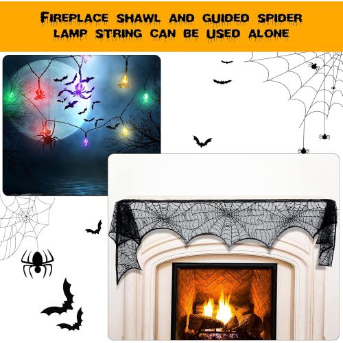  Honoson Halloween Black Lace Spider Web Fireplace Ornament Spooky Bat Spiderweb Lace Tablecloth Fireplace Mantel Scarf Cover with 10 LED Spider Lights Halloween Spider String Lights for Ta