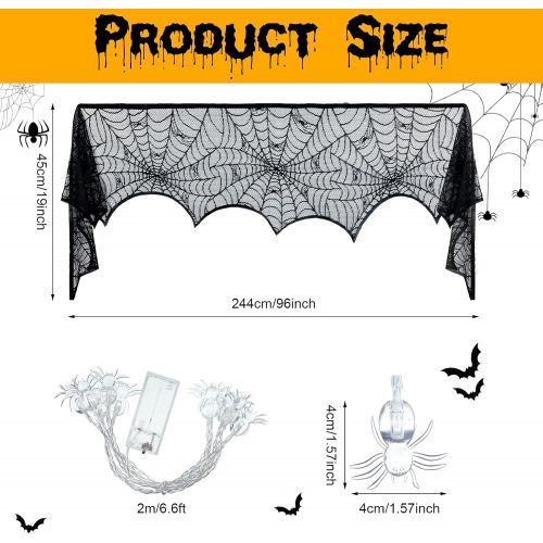  Honoson Halloween Black Lace Spider Web Fireplace Ornament Spooky Bat Spiderweb Lace Tablecloth Fireplace Mantel Scarf Cover with 10 LED Spider Lights Halloween Spider String Lights for Ta