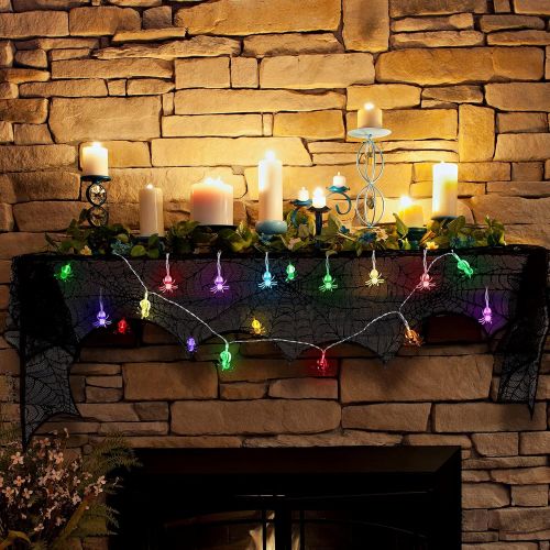  Honoson Halloween Black Lace Spider Web Fireplace Ornament Spooky Bat Spiderweb Lace Tablecloth Fireplace Mantel Scarf Cover with 10 LED Spider Lights Halloween Spider String Lights for Ta