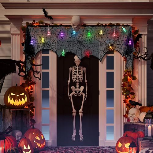 Honoson Halloween Black Lace Spider Web Fireplace Ornament Spooky Bat Spiderweb Lace Tablecloth Fireplace Mantel Scarf Cover with 10 LED Spider Lights Halloween Spider String Lights for Ta