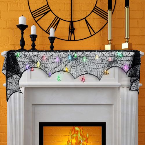  Honoson Halloween Black Lace Spider Web Fireplace Ornament Spooky Bat Spiderweb Lace Tablecloth Fireplace Mantel Scarf Cover with 10 LED Spider Lights Halloween Spider String Lights for Ta