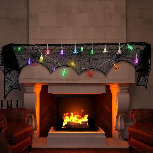  Honoson Halloween Black Lace Spider Web Fireplace Ornament Spooky Bat Spiderweb Lace Tablecloth Fireplace Mantel Scarf Cover with 10 LED Spider Lights Halloween Spider String Lights for Ta