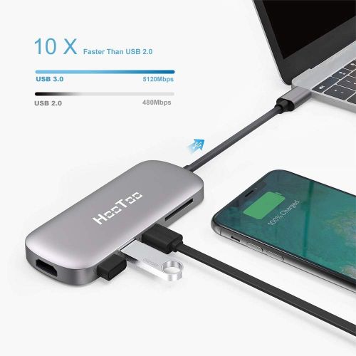  [아마존 핫딜] [아마존핫딜]USB C Hub, HooToo 6-in-1 USB C to 4K HDMI Adapter with 100W Power Delivery, SD Card Reader, 3 USB 3.0 Port for MacBook/Pro/Air/iMac and Type C Windows Laptops - Space Gray (2019 Up