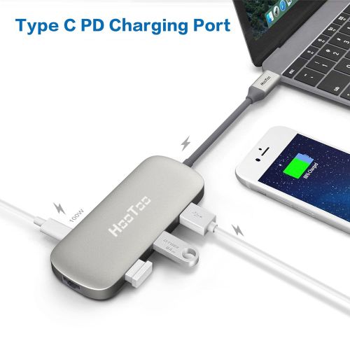  HooToo USB C Hub, 6-in-1 USB C Adapter With Ethernet, HDMI, 100W Power Delivery, 3 USB ports USB C Network Adapter for MacBook Pro & Type C Windows Laptops - Silver