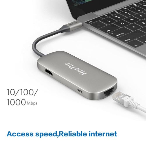  HooToo USB C Hub, 6-in-1 USB C Adapter With Ethernet, HDMI, 100W Power Delivery, 3 USB ports USB C Network Adapter for MacBook Pro & Type C Windows Laptops - Silver