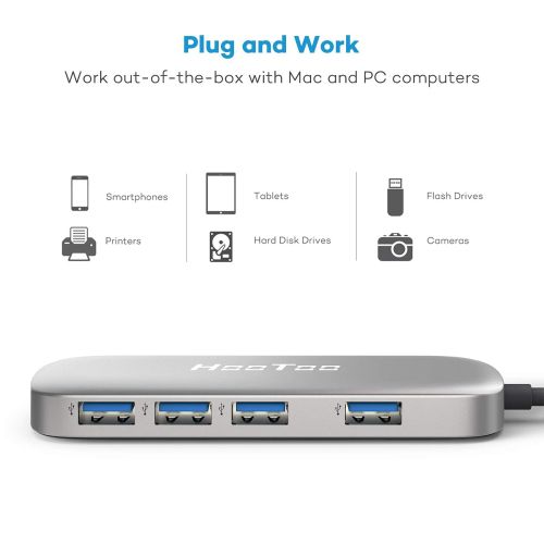  USB C Hub, HooToo Type C Adapter with 4 USB 3.0 Ports for MacBook Pro, Google Chromebook and More USB C Laptop- Gray