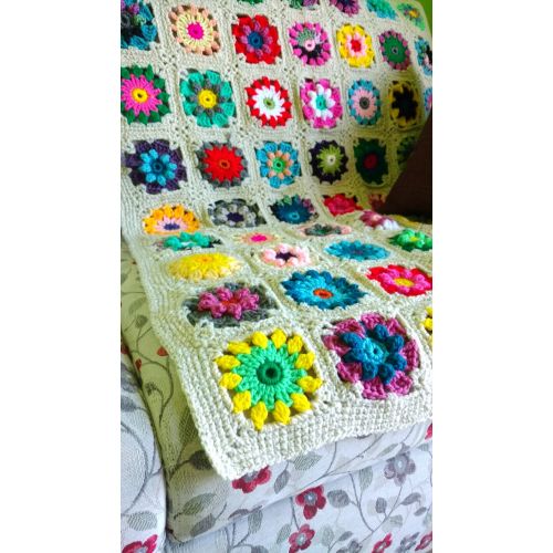  Hookloopsarah CUSTOM Crochet Flower Stroller Blanket Throw, floral hippie decor Lapghan, Boho Sofa Pram Crib Cover, colorful Granny chunky, Rainbow Decor