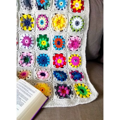  Hookloopsarah CUSTOM Crochet Flower Stroller Blanket Throw, floral hippie decor Lapghan, Boho Sofa Pram Crib Cover, colorful Granny chunky, Rainbow Decor