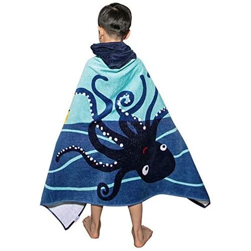  Hoomall Kids Bath Towel for Boys Girls, Whale Pattern Child Hooded Bath Towel Fast Drying Ultra Absorbent Poncho for Bath/Pool/Beach Swim Cover (50x30, C-Black Octopus)