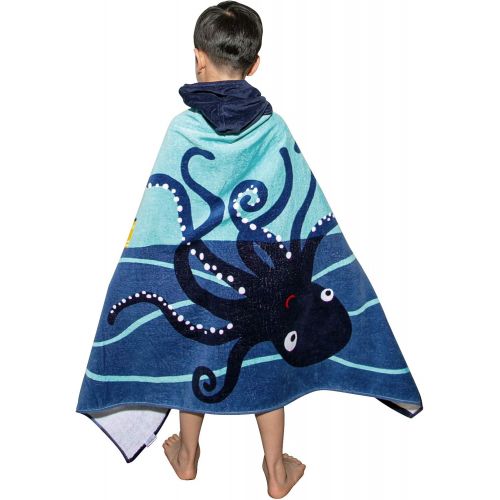  Hoomall Kids Bath Towel for Boys Girls, Whale Pattern Child Hooded Bath Towel Fast Drying Ultra Absorbent Poncho for Bath/Pool/Beach Swim Cover (50x30, C-Black Octopus)