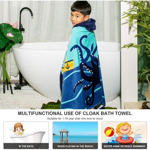  Hoomall Kids Bath Towel for Boys Girls, Whale Pattern Child Hooded Bath Towel Fast Drying Ultra Absorbent Poncho for Bath/Pool/Beach Swim Cover (50x30, C-Black Octopus)