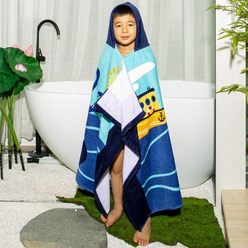  Hoomall Kids Bath Towel for Boys Girls, Whale Pattern Child Hooded Bath Towel Fast Drying Ultra Absorbent Poncho for Bath/Pool/Beach Swim Cover (50x30, C-Black Octopus)