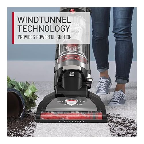  Hoover WindTunnel Whole House Rewind Corded Bagless Upright Vacuum Cleaner, For Carpet and Hard Floors, UH71350V, Black, 17.8 lbs