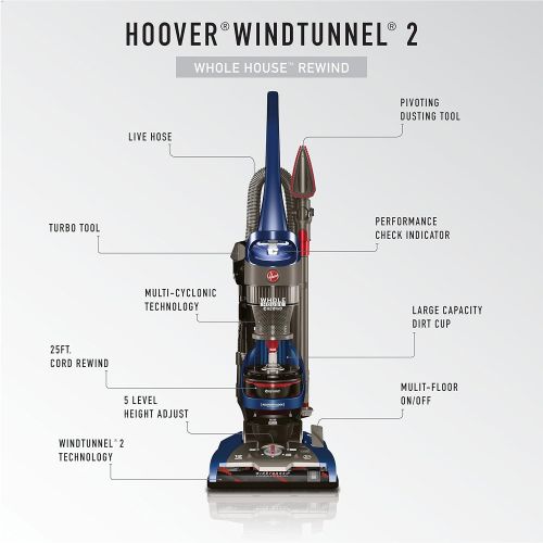  Hoover WindTunnel 2 Whole House Rewind Corded Bagless Upright Vacuum Cleaner with HEPA Media Filtration, UH71250, Blue