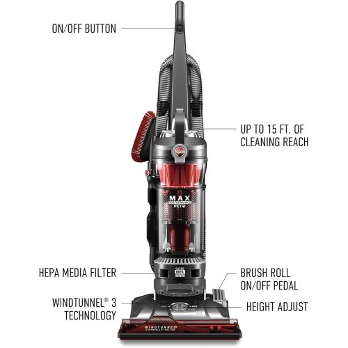  Hoover WindTunnel 3 Max Performance Pet, Bagless Upright Vacuum Cleaner, HEPA Media Filtration, For Carpet and Hard Floor, UH72625, Red