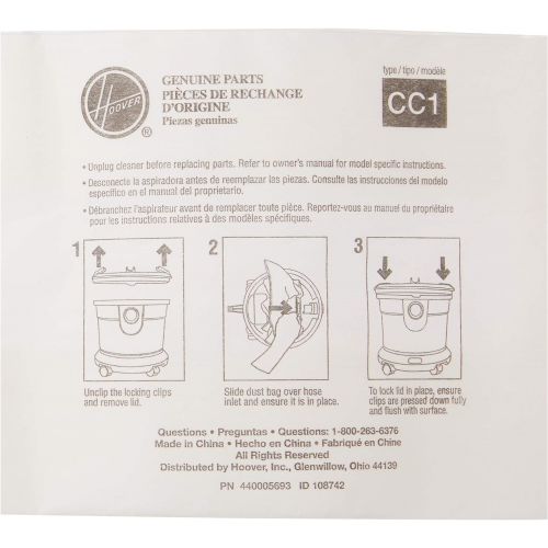  Hoover HushTone Canister Vacuum Bags, AH10163 CC1 Standard Filtration,10 Pack.