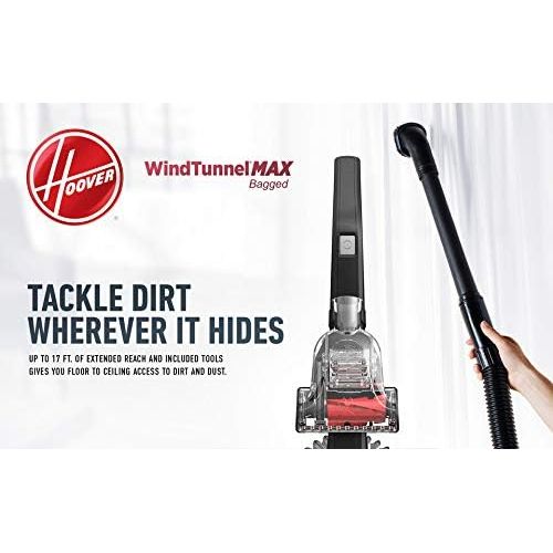  Hoover WindTunnel Max Bagged Upright Vacuum Cleaner, with HEPA Media Filtration, 30ft. Power Cord, UH30600, Red