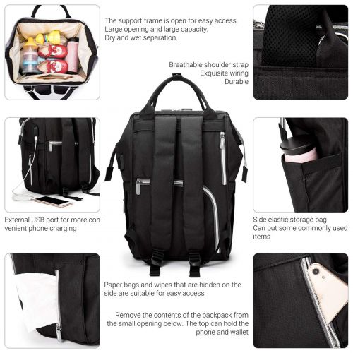  Hopopower Diaper Bag Backpack, hopopower Waterproof Multifunction Travel Backpack with USB Charging Port and Wet Pocket, Nappy Bag, School Bag, Work Bag, Everyday Carry Bag, Black