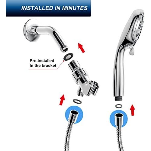  6 Functions Handheld Shower Head Set, HOPOPRO 2020 Newest High Pressure Shower Head High Flow Hand Held Showerhead Set with 59 Inch Hose Bracket Teflon Tape Rubber Washers