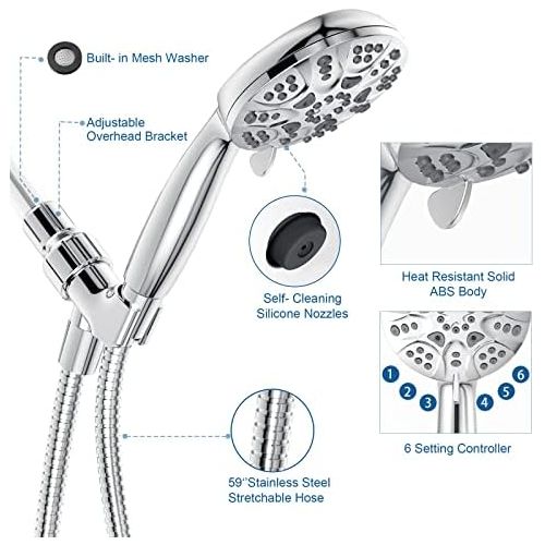  6 Functions Handheld Shower Head Set, HOPOPRO 2020 Newest High Pressure Shower Head High Flow Hand Held Showerhead Set with 59 Inch Hose Bracket Teflon Tape Rubber Washers