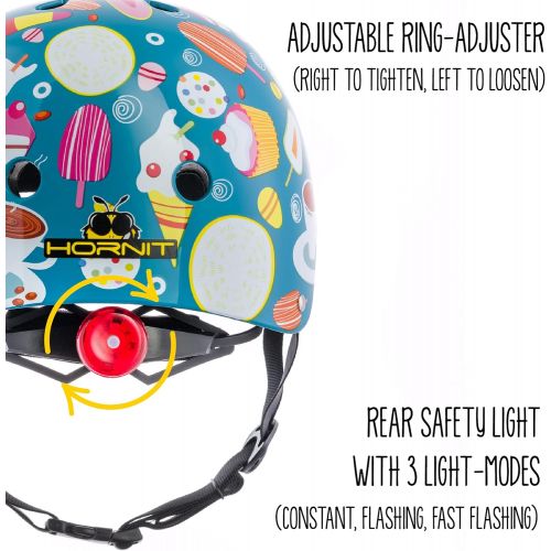 Hornit Mini Lids Kids Helmet. Fully-Adjustable Multi-Sport Hard Shell Helmet with Rear Safety Light, Medum, Major Tom