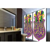 Horrisophie dodo Decorative Privacy Window Film, 35.43H x 23.62W for Home&OfficeMardi Gras,Comedy and Tragedy Masks with Festive Mardi Gras Carnival Blazon Design Decorative,Purple Green Yellow,35.