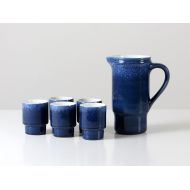 /HorsesForCourses Ceramic juice set, vintage juice jug and cups, ceramic pot, ceramic cups, dark blue ceramic, German Mid Century