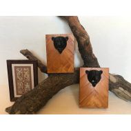 /HortonandGrimwood Native American Bear Head bottle opener. Chevron wood, oak stained. Black cast iron, kitchen, navajo, tribal.