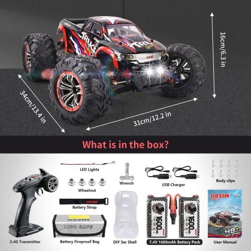  Hosim 1:10 Large Size 48+ KMH 4WD High Speed RC Monster Trucks,Hobby Grade RC Cars for Adults Boys Remote Control Vehicle 2 Batteries for 40+ Min Play Gift for Kids(Red)