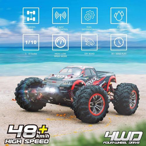  Hosim 1:10 Large Size 48+ KMH 4WD High Speed RC Monster Trucks,Hobby Grade RC Cars for Adults Boys Remote Control Vehicle 2 Batteries for 40+ Min Play Gift for Kids(Red)