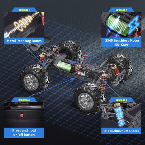  Hosim 1:16 Brushless RC Cars 55+ kmh High Speed Large Remote Control Car 4x4 Off Road Monster Truck Electric All Terrain Waterproof Toys Hobby Vehicle for Kids and Adults - 2 Batteries f