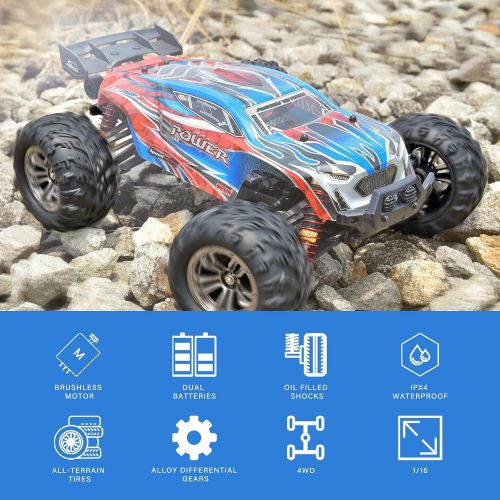  Hosim 1:16 Brushless RC Cars 55+ kmh High Speed Large Remote Control Car 4x4 Off Road Monster Truck Electric All Terrain Waterproof Toys Hobby Vehicle for Kids and Adults - 2 Batteries f