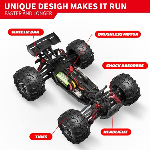  Hosim 2845 Brushless 52+ KMH 4WD High Speed RC Monster Truck, 1:16 Scale RC Car All Terrain Off-Road Waterproof 2.4GHZ Hobby Grade Remote Control Vehicle for Adults Children(Red)